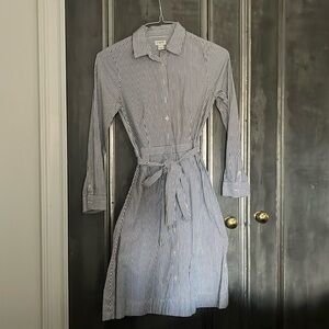 White and blue striped button down dress with adjustable/removable waist tie